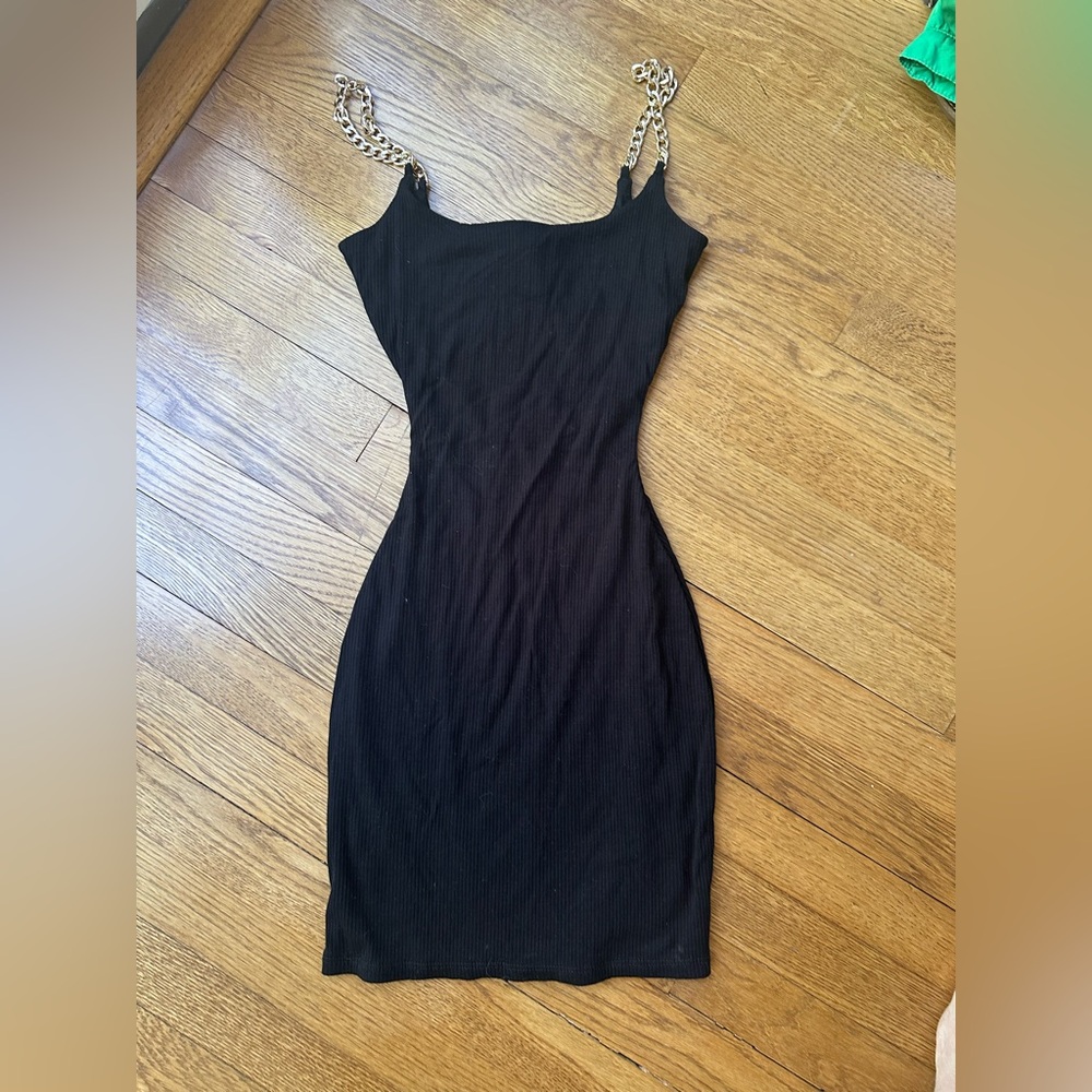 Black ribbed cotton dress w gold chain straps size small perfect cond Windsor
